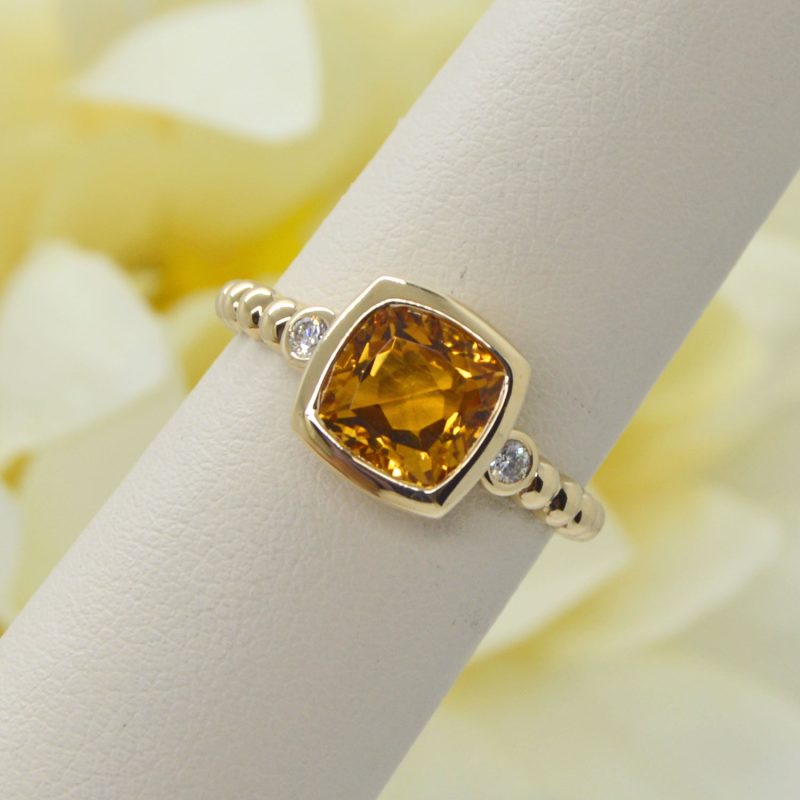 Allison Kaufman bezel-set cushion-cut Citrine ring with accent diamonds and beaded shape on band, 14KY gold