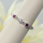 White gold stackable ring with rubies and diamonds in millgrain vintage style setting