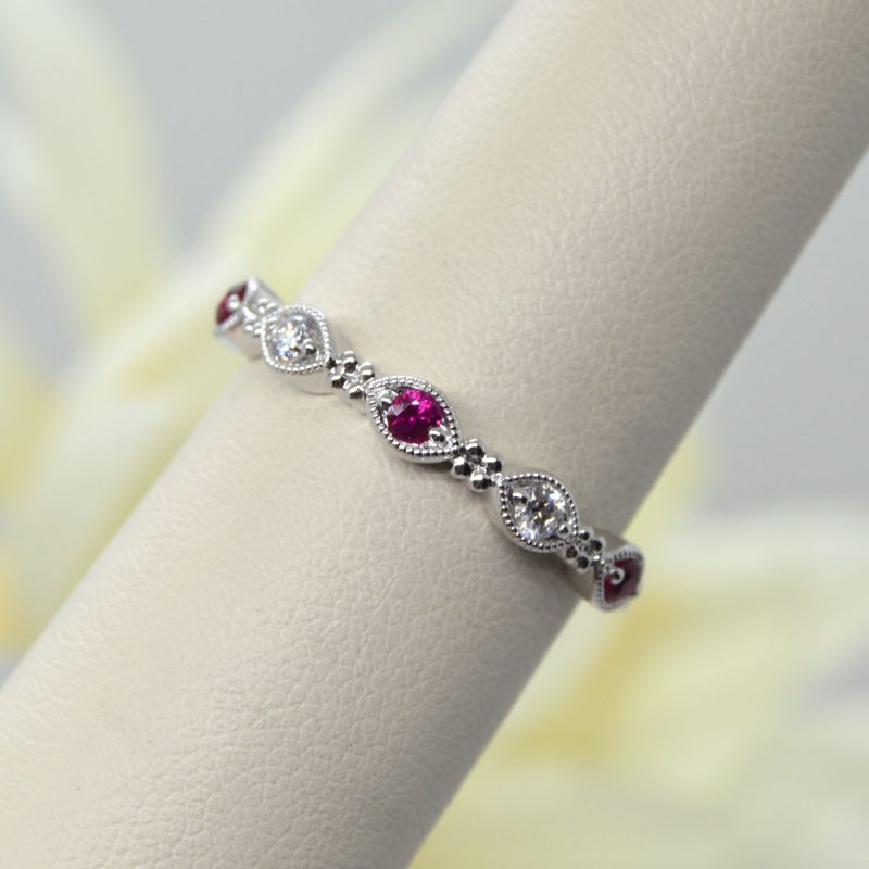 White gold stackable ring with rubies and diamonds in millgrain vintage style setting