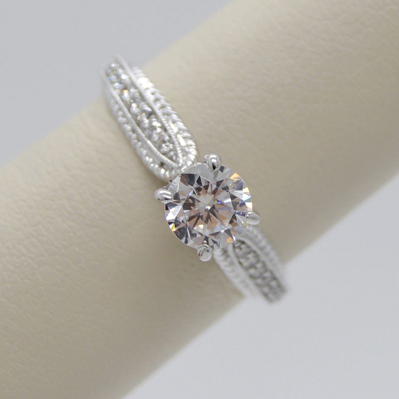 Vintage Solitaire Engagement Ring in 14K White Gold with Pave Set Diamond Band