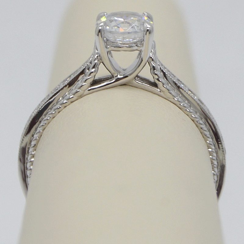 Vintage Solitaire Engagement Ring in 14K White Gold with Pave Set Diamond Band - Image 2