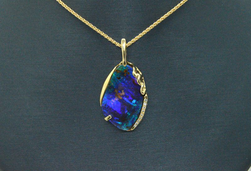 Boulder Opal Pendant with Diamond Accent, Cast in 14kt Yellow Gold