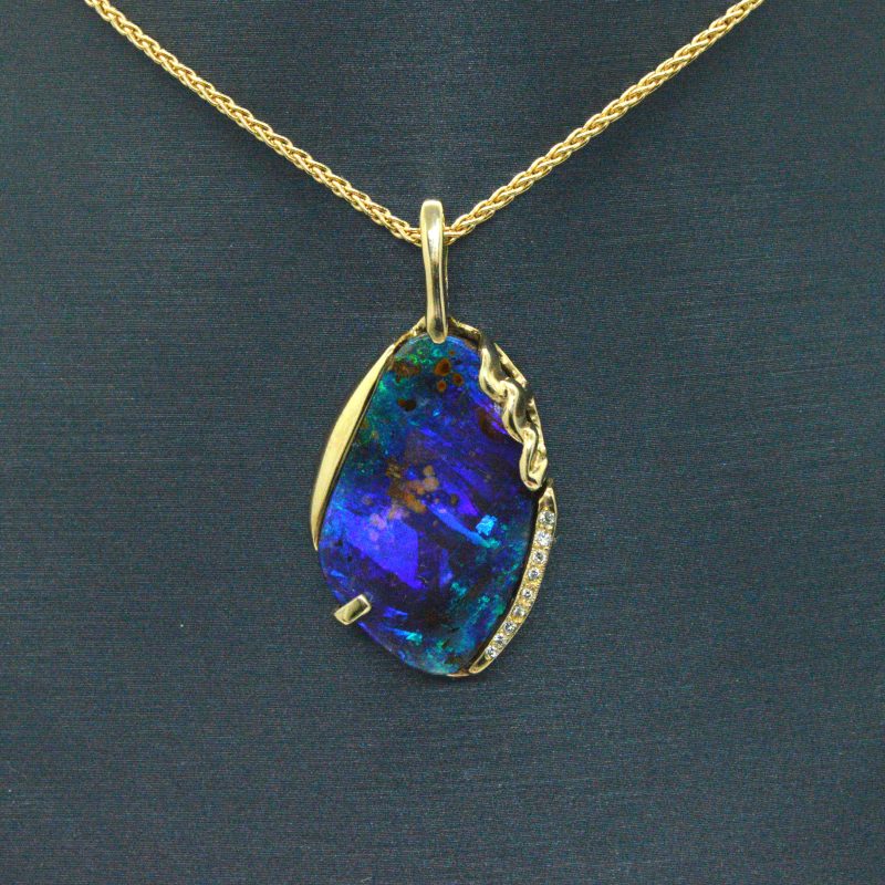 Boulder Opal Pendant with Diamond Accent, Cast in 14kt Yellow Gold