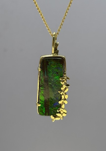 Forest Green Boulder Opal Pendant, Leaf / Vine Design