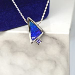 Australian Boulder Opal and Tanzanite necklace with bezel settings slide pendant on chain in 14K white gold. Designed by Morgan's Treasure