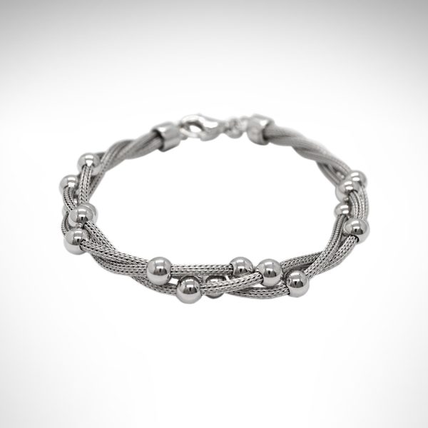 sterling silver bracelet with polished beads twisted into woven sterling wire.