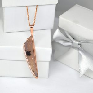 dendritic druzy necklace with diamonds in rose gold, designed by Morgan's Treasure Custom Jewelry