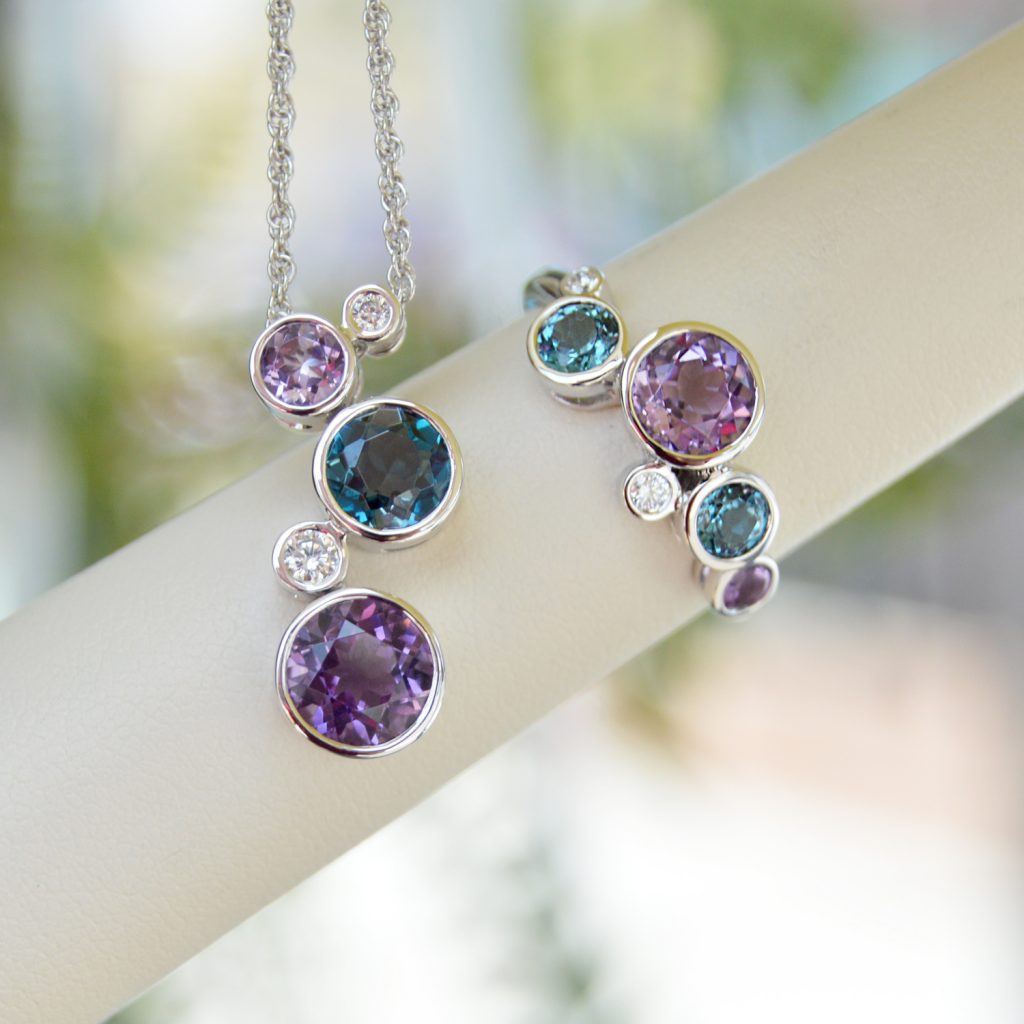 Allison Kaufman necklace in 14k white gold with amethyst and london blue topaz with diamond accents, bezel set necklace