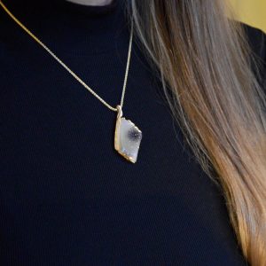 Druzy necklace in 14k yellow gold with dendritic inclusion and diamonds custom designed by morgan's treasure