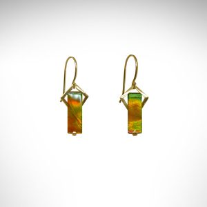 Designed by Morgan's Treasure, Ammolite (fossilized Ammonite) earrings in yellow gold geometric, art-deco inspired dangle earrings