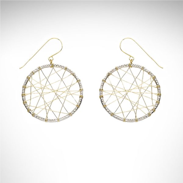 14k white and yellow gold dream catcher style dangle earrings
