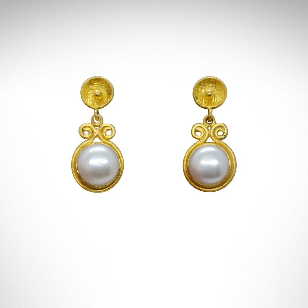 24K yellow gold earrings with pearl dangles, prehistoric works