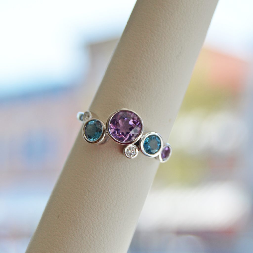 Allison Kaufman ring in 14k white gold with amethyst and london blue topaz with diamond accents, bezel set ring