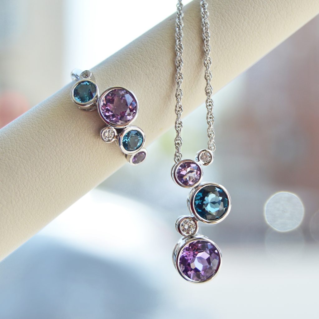 Allison Kaufman necklace and ring in 14k white gold with amethyst and london blue topaz with diamond accents, bezel set necklace