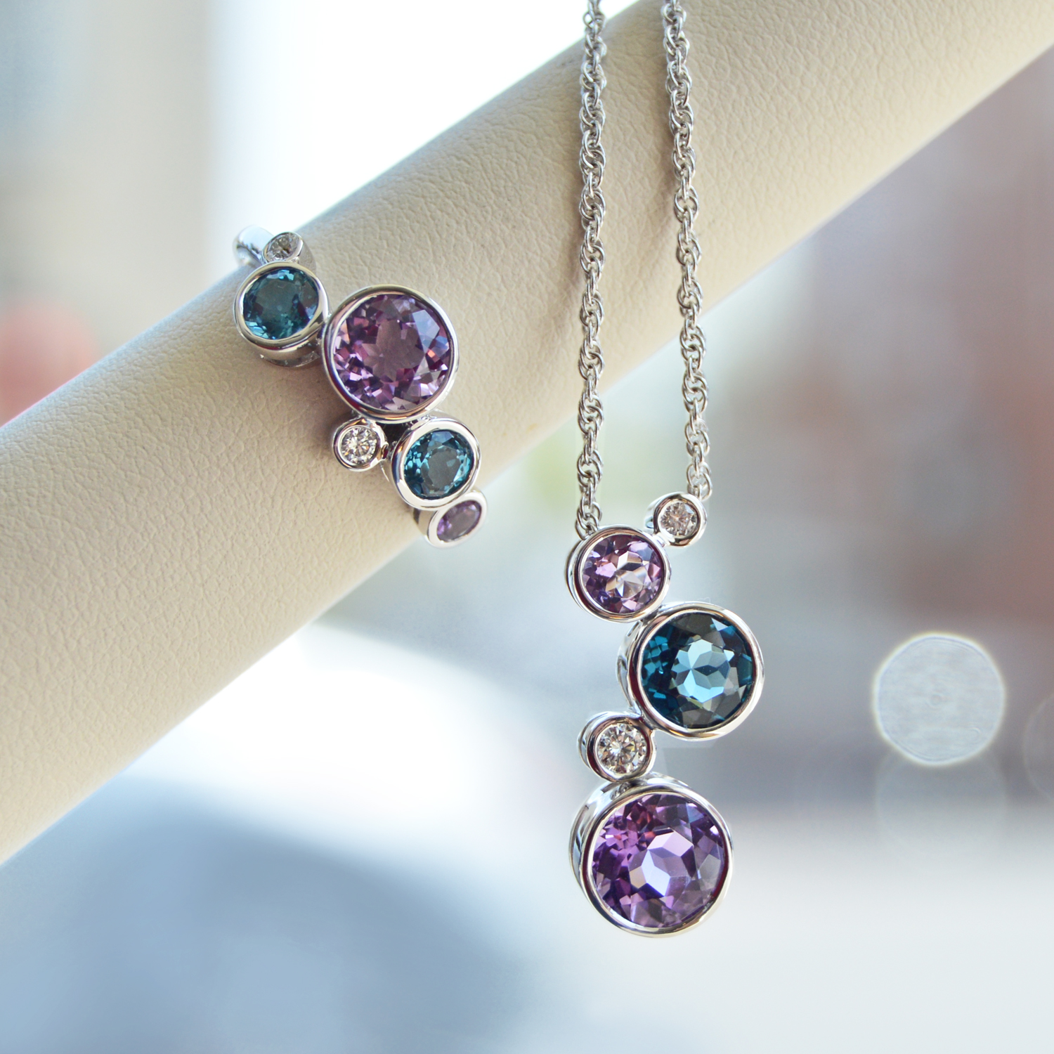Hydrangea Amethyst Topaz and Diamond Necklace in 14Kt White Gold