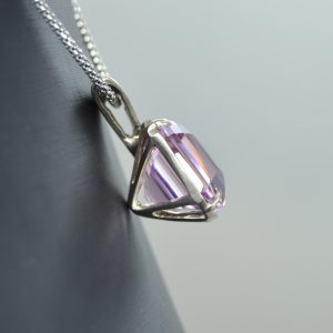 Asscher cut Kunzite gemstone in 14k white gold necklace with satin finish. Designed by Morgan's Treasure