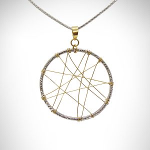 Dream catcher necklace in 14K white gold and 14k yellow gold, two-tone woven design with box chain.