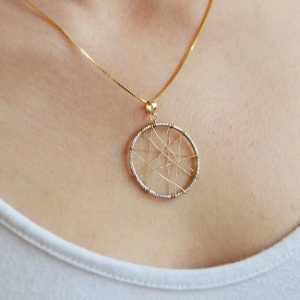 Dream catcher necklace in 14K white gold and 14k yellow gold, two-tone woven design with box chain.