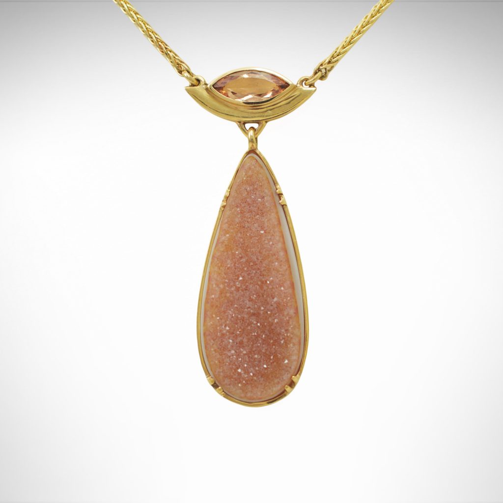 14k yellow gold necklace, gold jewelry with precious topaz bezel-set marquise and wheat chain with dangle of teardrop-shaped druzy with prongs and natural gemstone with quartz crystals on agate, natural color apricot/peach/tan