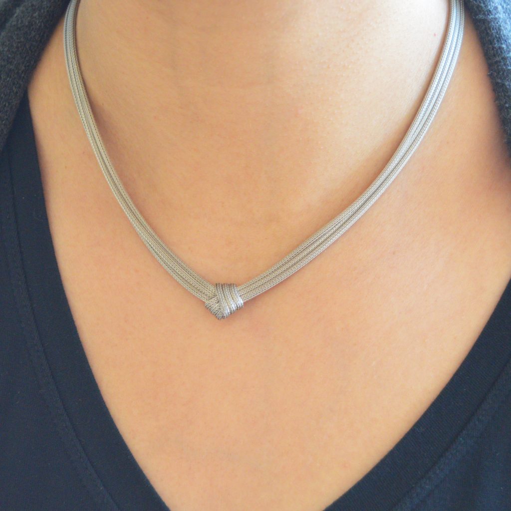 Sterling silver mesh necklace, woven silver wire with knot.