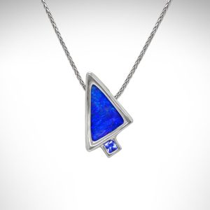 designed by Morgan's Treasure, boulder opal and tanzanite necklace in white gold, triangular and square