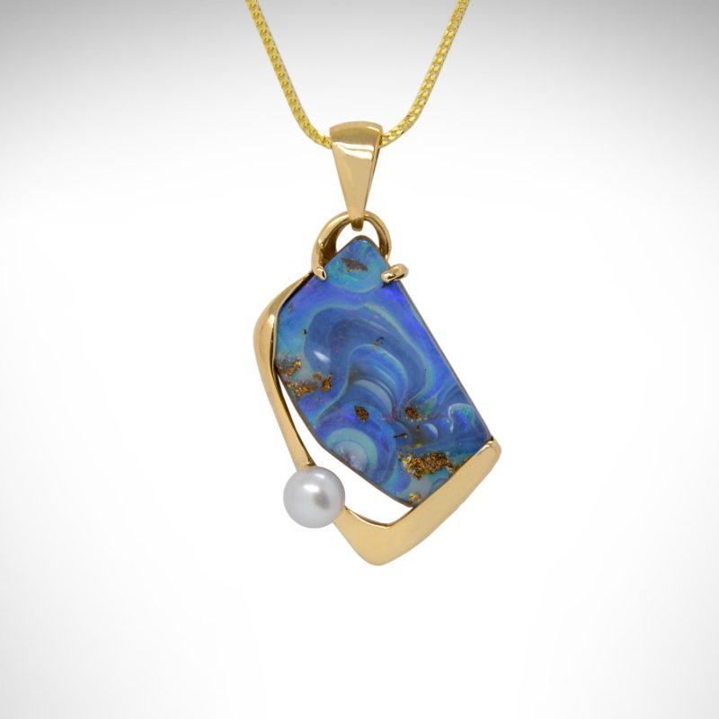 Australian Boulder Opal Blue Swirl pendant in 14K yellow gold with round freshwater pearl, designed by Morgan's Treasure Westerville OH