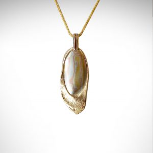 Designed by Morgan's Treasure, custom pendant with hand-fabricated mokume gane accent in 14K yellow gold pendant with chain