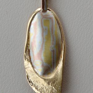 Designed by Morgan's Treasure, custom pendant with hand-fabricated mokume gane accent in 14K yellow gold pendant with chain