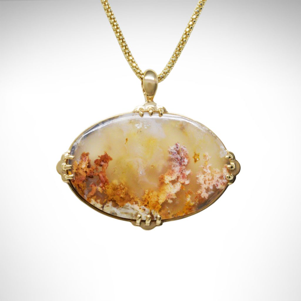 Moss agate pendant on popcorn chain in 14k yellow gold, horizontal oval with picture like floral design natural gemstone, peach yellow gold colored in vintage design with frame and prongs