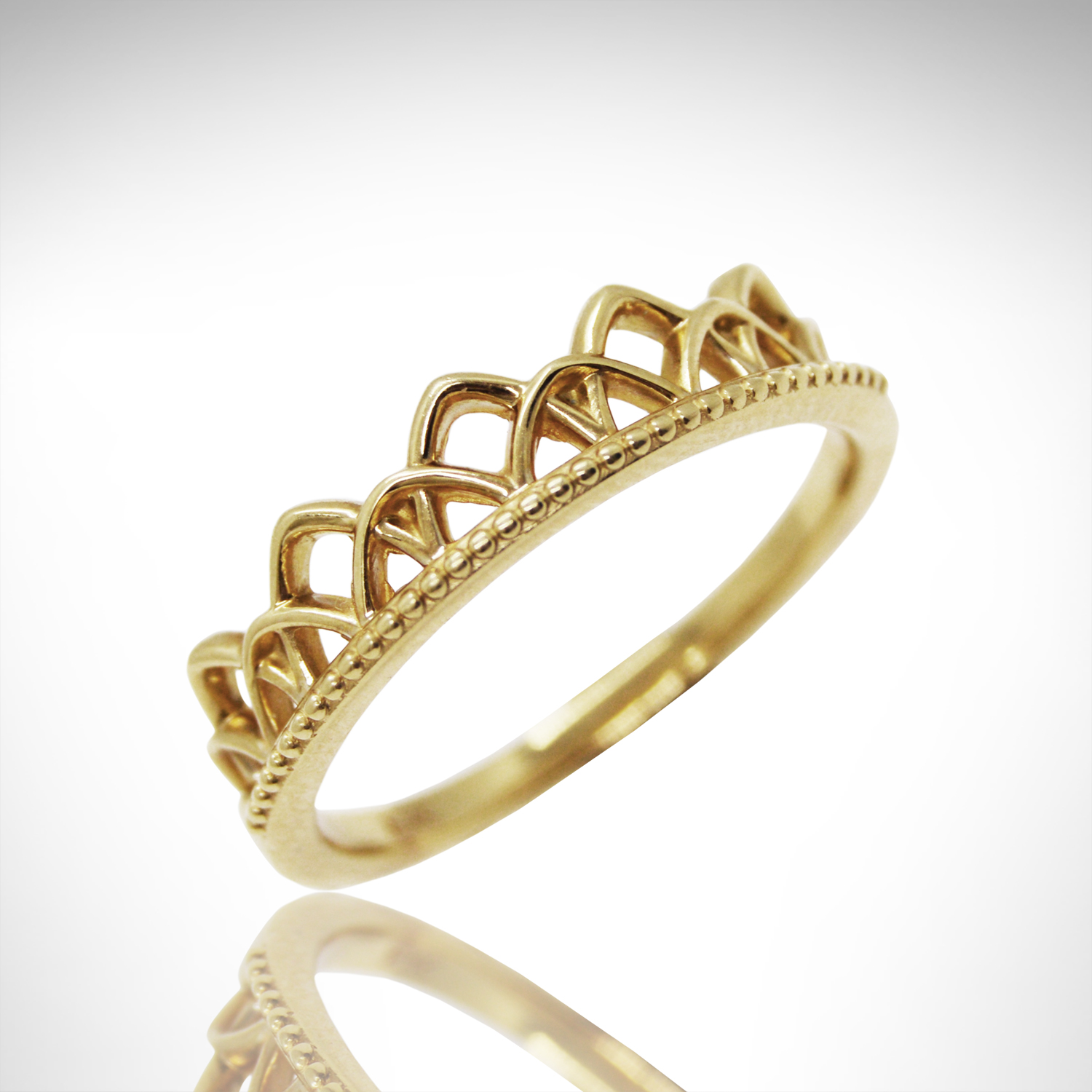 14k yellow gold stackable ring in openwork design like lace or crown, art deco