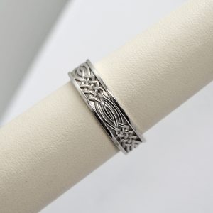 Celtic inspired mens wedding band in 14k white gold with knot design