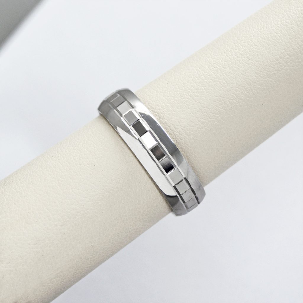 14K white gold mens wedding band with faceted geometric square design.