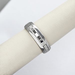 14K white gold mens wedding band with faceted geometric square design.