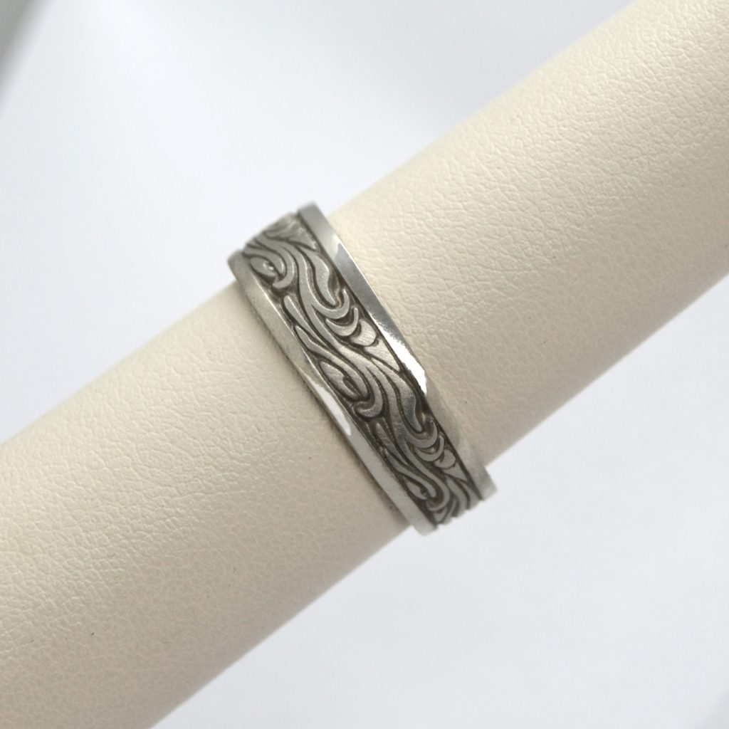 Studio 311 mens wedding band carved in the design of starry night painting by vincent vangough in 14K white gold