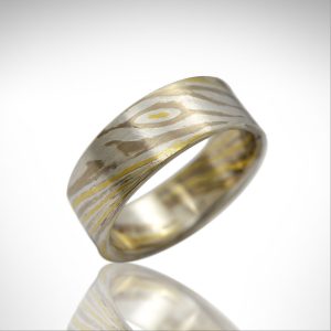 mokume gane wedding band with palladium white gold, 18k yellow gold and sterling silver, hand fabricated by Morgan's Treasure