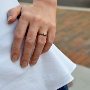 one of a kind engagement ring with old european cut diamond in 14k white gold with edwardian vintage inspired filigree setting and accent diamonds with millgrain detail