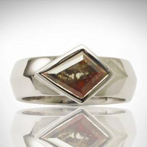 Men's palladium ring with kite-shaped diamond slice with black, brown and red inclusions
