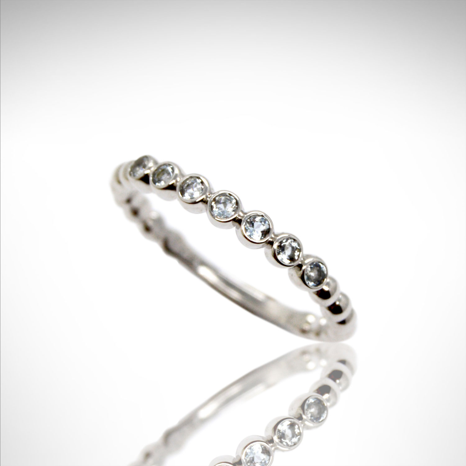 aquamarine gemstones in bezel settings, 14k white gold stackable ring