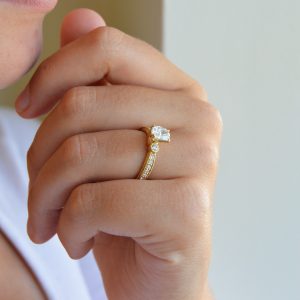 Vintage inspired Shah Carizza ring has a cushion-cut center stone.