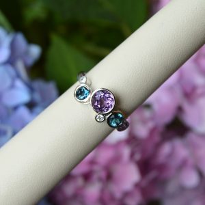 Allison Kaufman ring in 14k white gold with amethyst and london blue topaz with diamond accents, bezel set ring